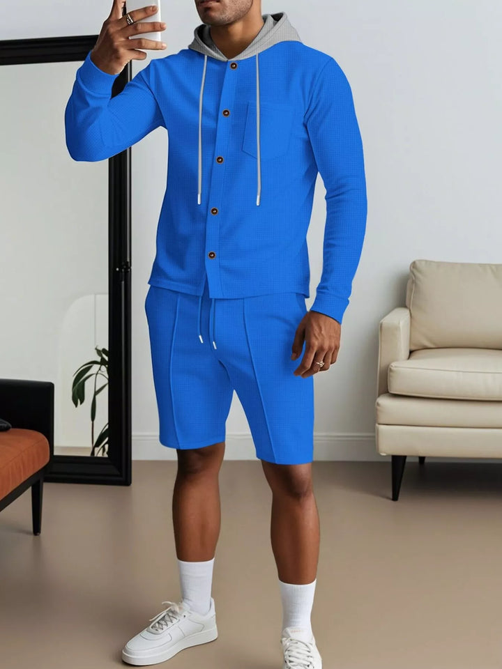 Men's Full Size Casual Hooded Button-Up Top and Shorts Set Plus Size