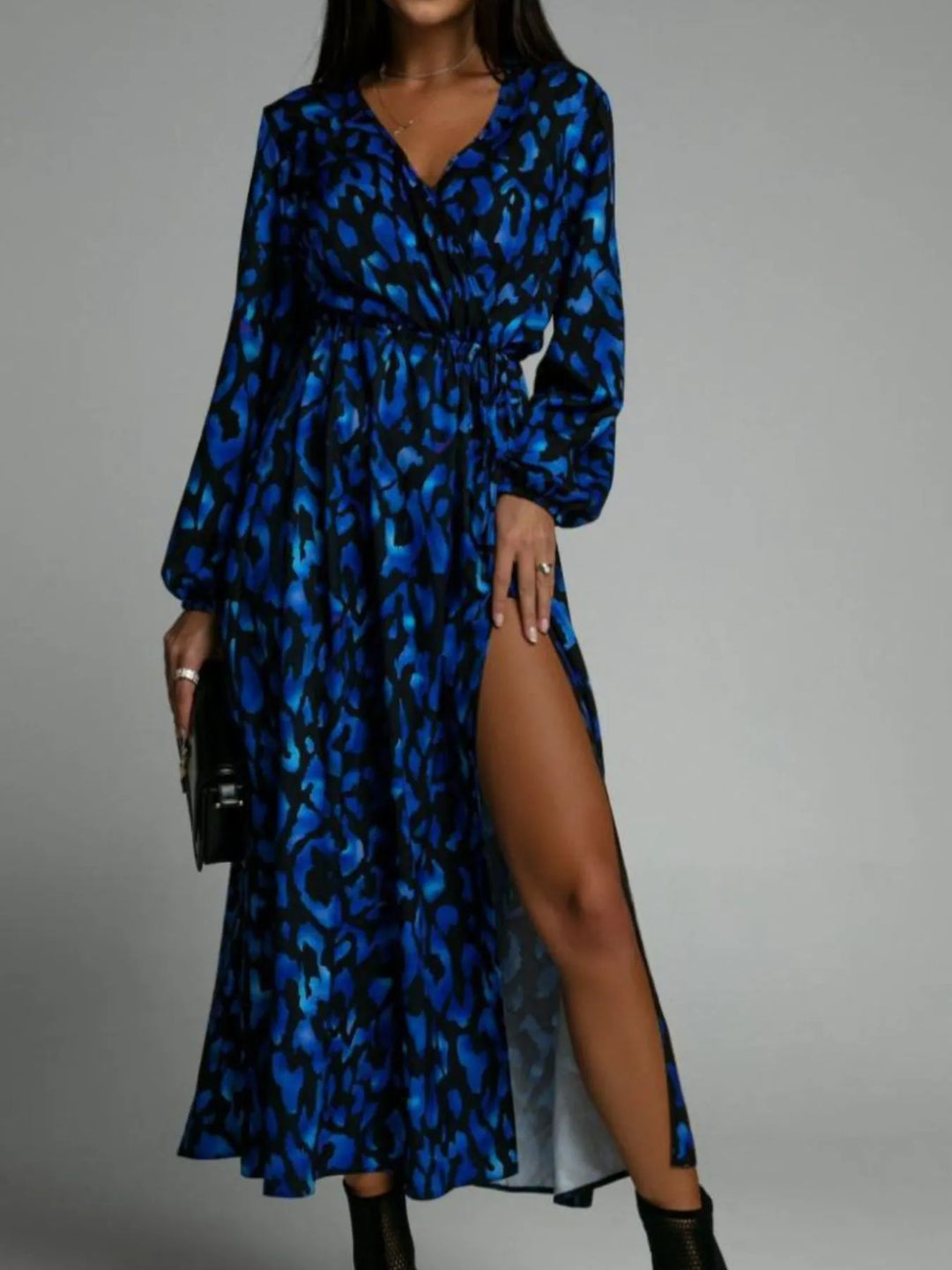 Printed Surplice Long Sleeve Midi Dress