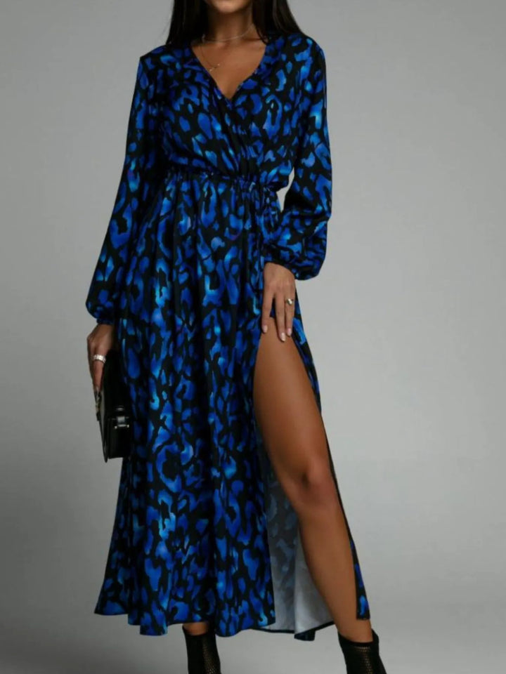 Printed Surplice Long Sleeve Midi Dress