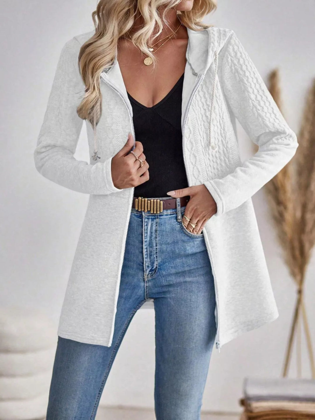 Drawstring Textured Zip Up Drawstring Hooded Jacket