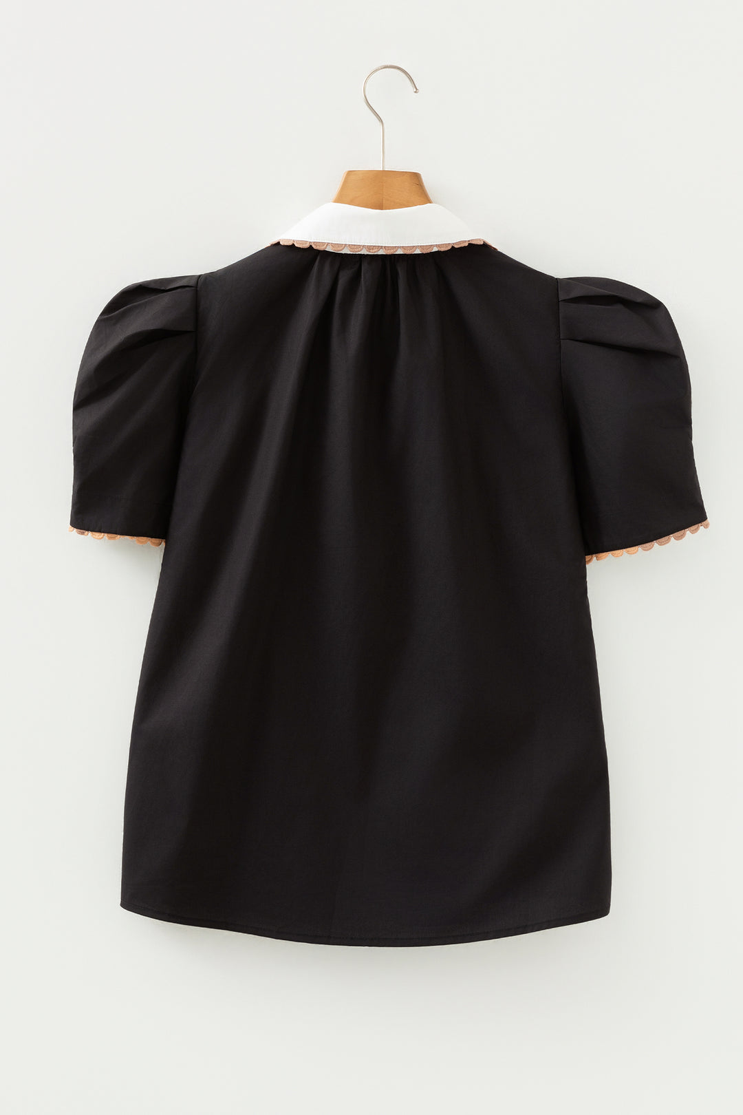 Black Ricrac Trim Color Block Patchwork Shirt Collar Short Sleeve Blouse