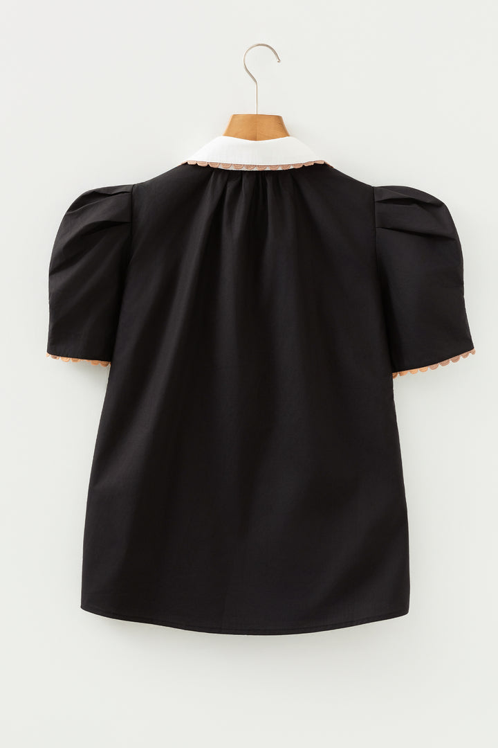 Black Ricrac Trim Color Block Patchwork Shirt Collar Short Sleeve Blouse
