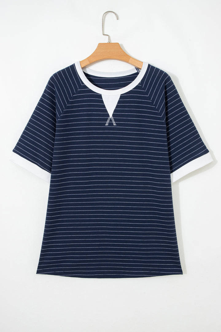 Blue Stripe Contrast Trim Plus Size Ribbed T Shirt