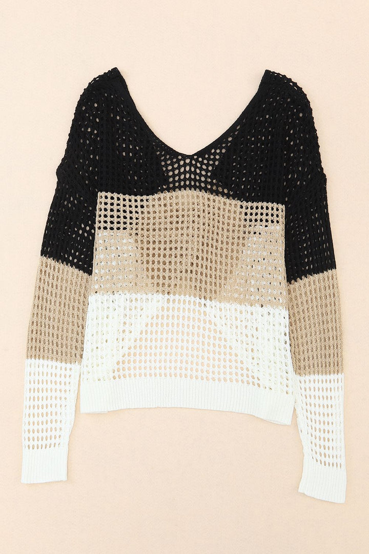 Back To School Sweater - Twisted Back Color Block Long Sleeve Knit Cover Up