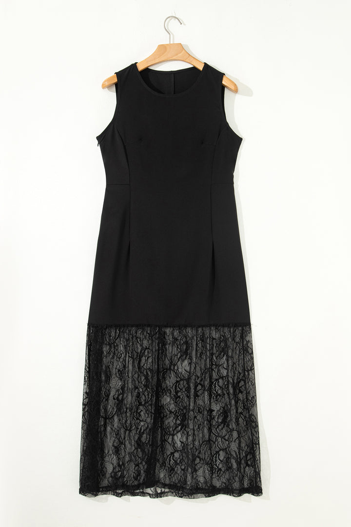 Black Solid Color Sleeveless Sheer Floral Lace Patchwork Long Dress