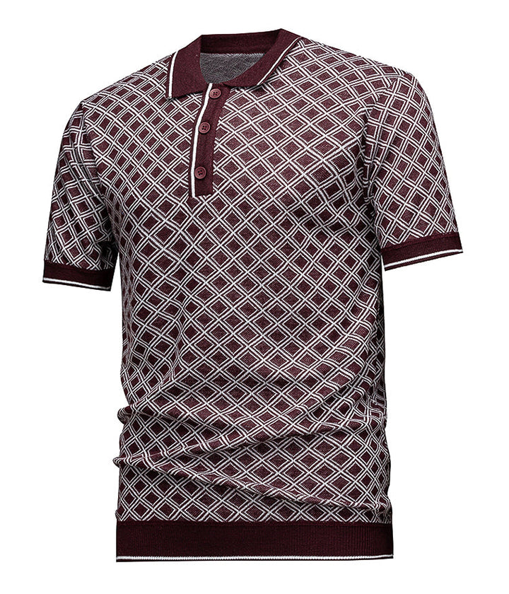 Men's Short Sleeve Knit Polo Shirt, Burgundy Diamond Geometric Jacquard, Smart Casual Retro Style, Breathable Knitted Top