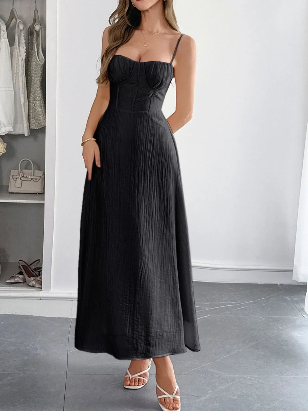 Texture Sweetheart Neck Backless Cami Dress