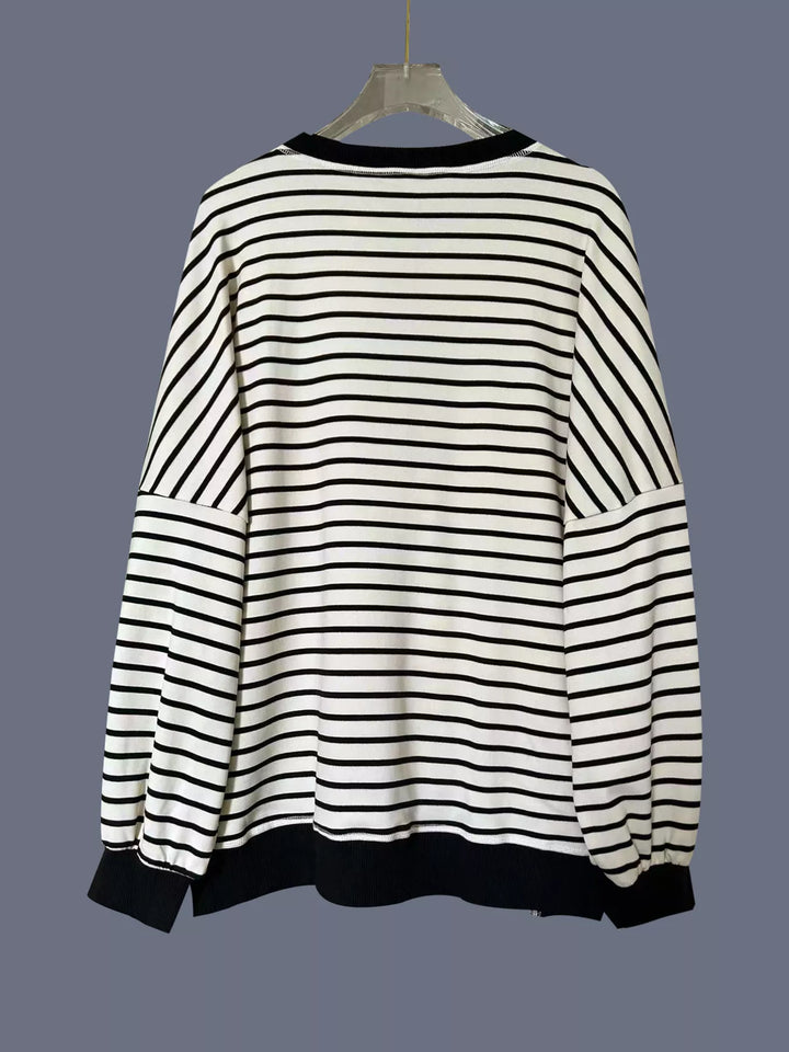 Striped Button Detail Casual Sweatshirt