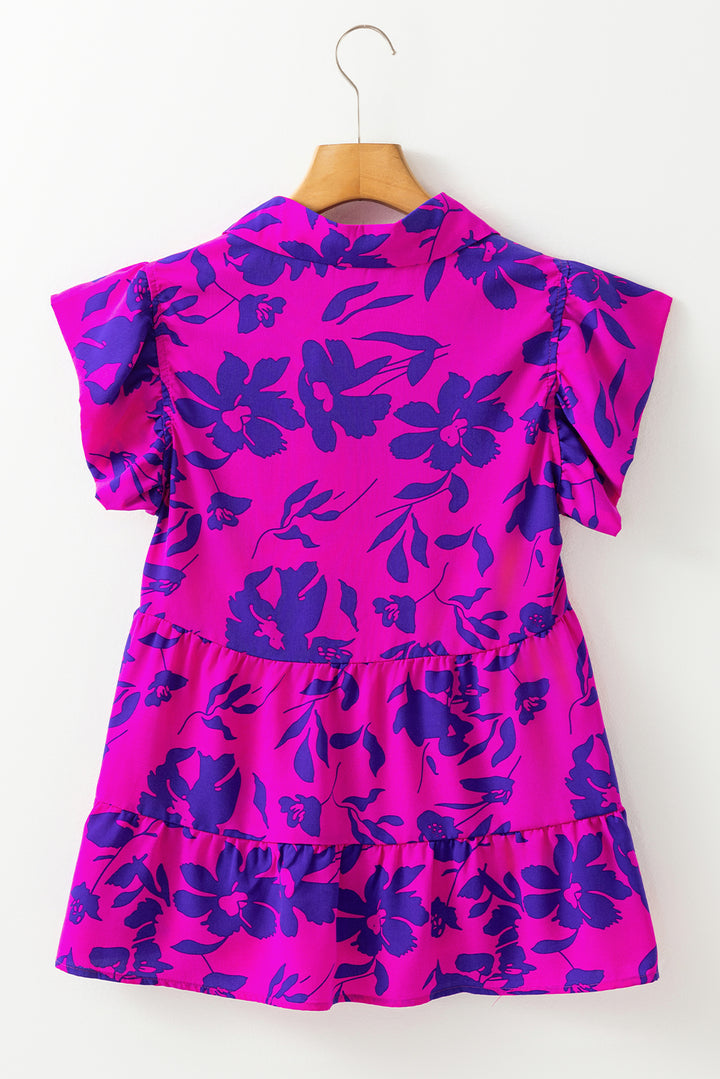 Chemisier à imprimé floral rose, col boutonné, manches flottantes