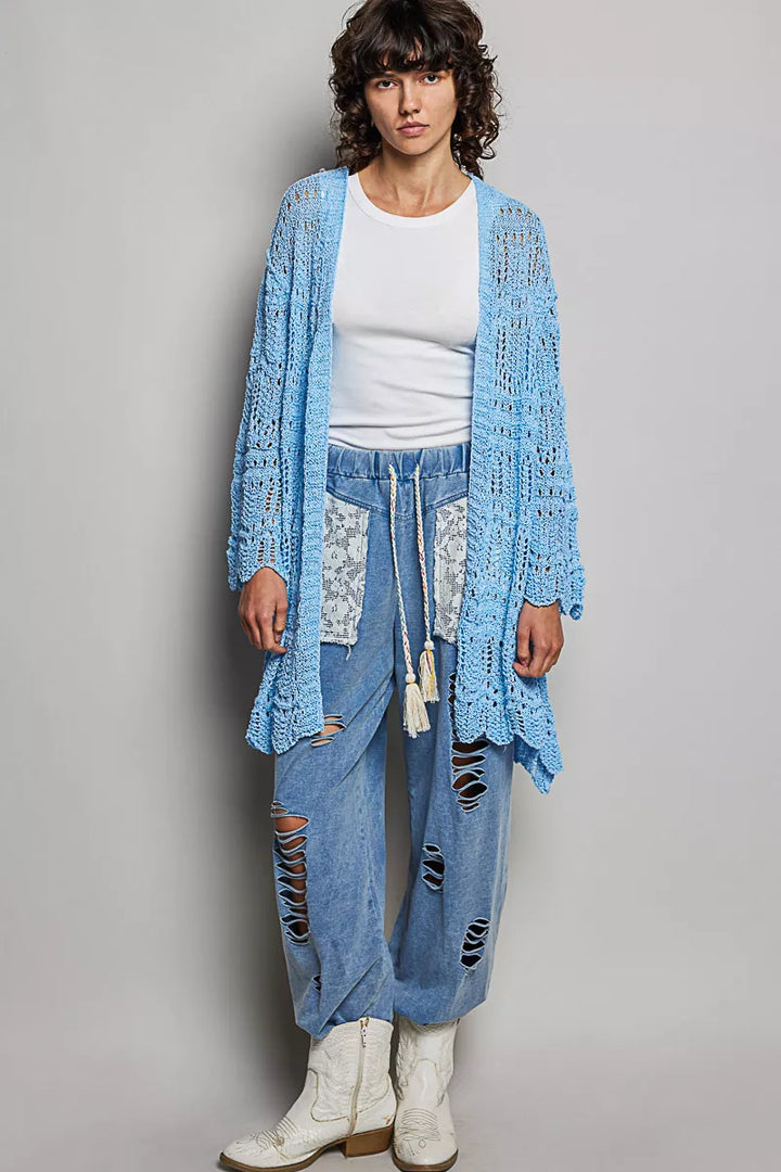 POL Openwork Lightweight Open Front Cardigan with Scalloped Edge