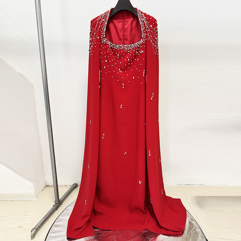 Beaded Lanyard Shawl Sleeve And Floor Long Dress