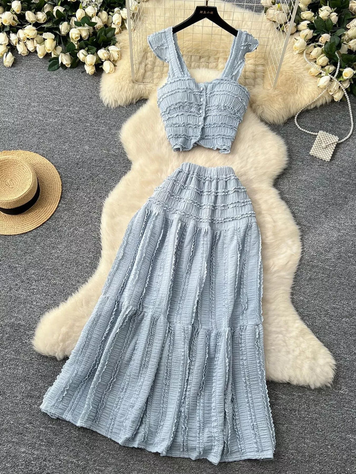 Textured Crop Top and Tiered Skirt Set