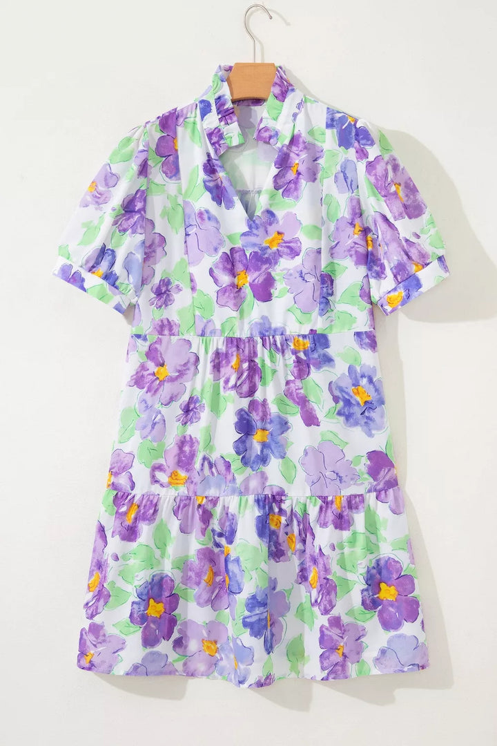 Floral V Collar Short Sleeve Tiered Ruffle Mini Dress