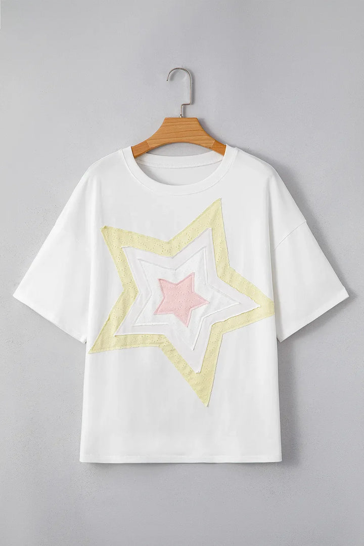 Star Layered Patched Graphic Drop Shoulder Half Sleeve Loose Tee