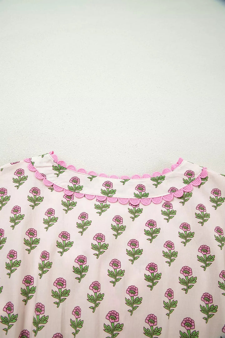 Floral Print V Neck Scallop Trim Button Front Short Sleeve Dress