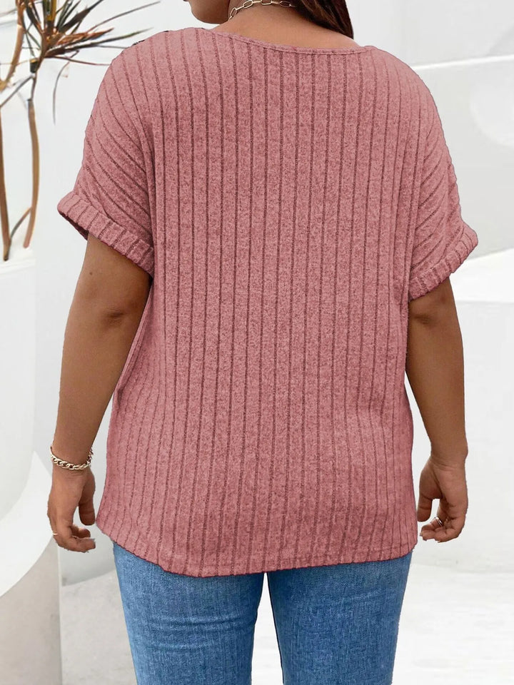 Plus Size Ribbed Half Zip Relaxed Fit T-Shirt