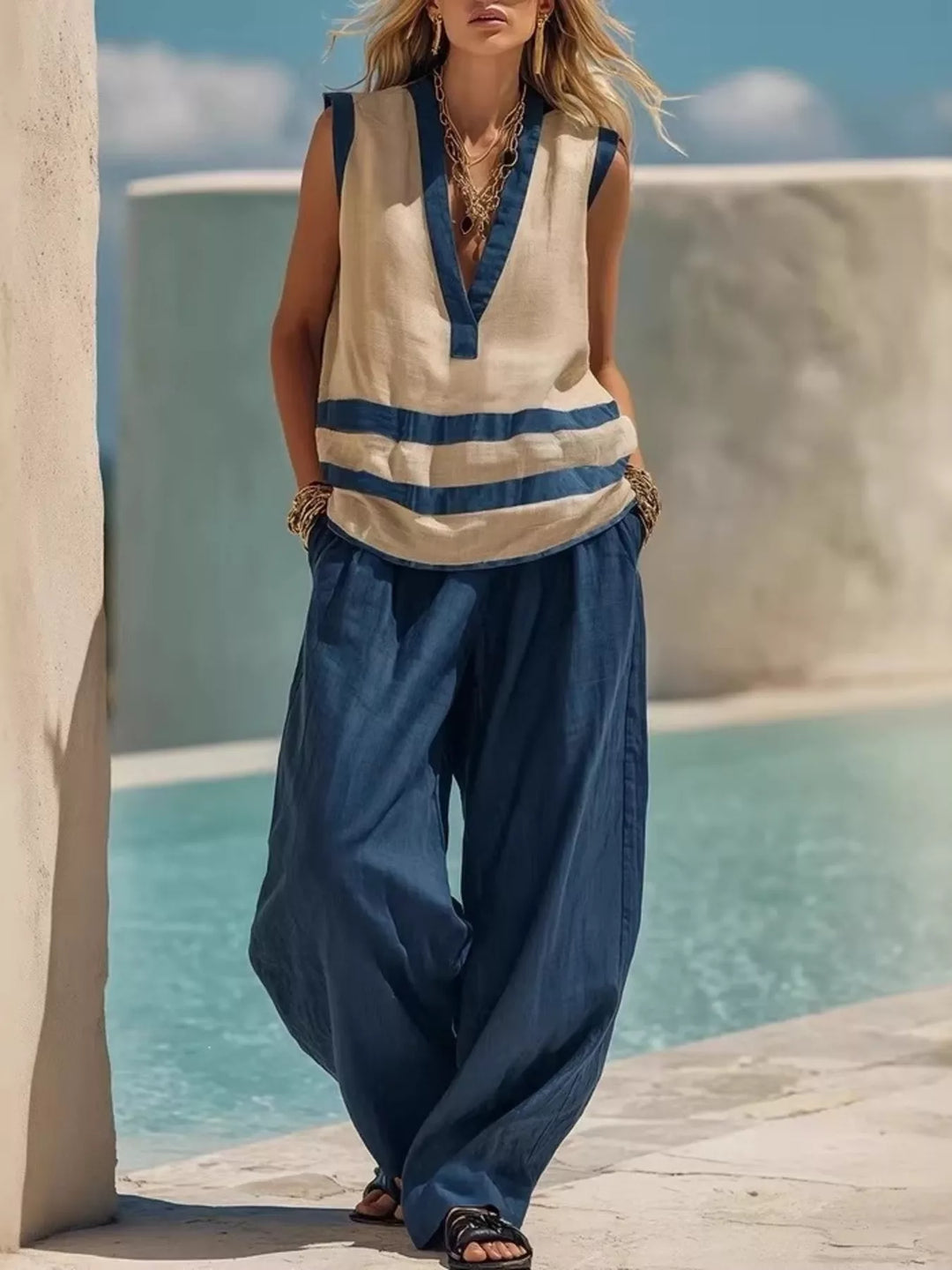Striped Sleeveless Top and Wide-Leg Pants Set