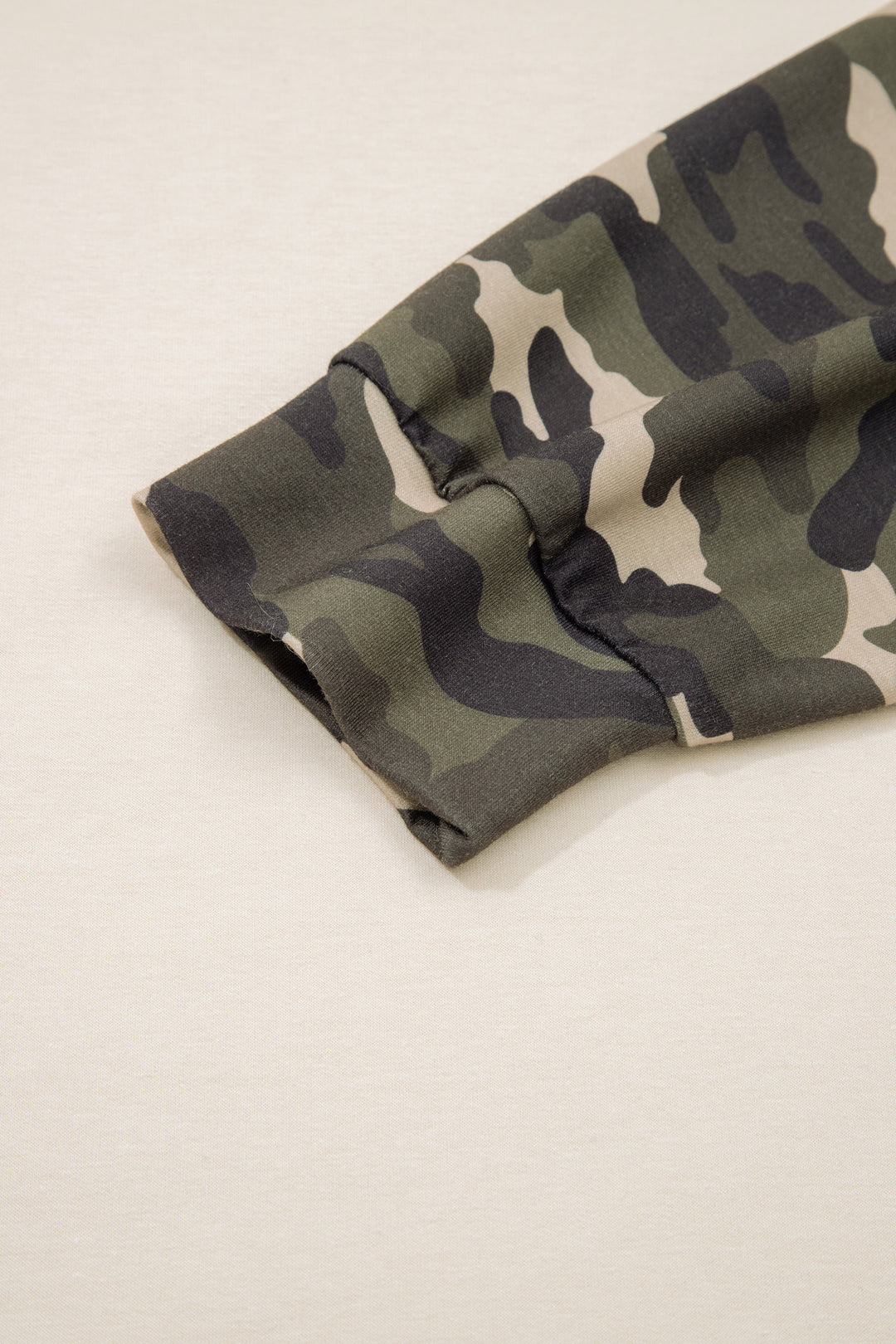 Apricot Camo Print Patchwork Sleeve Raw Hem Plus Size Sweatshirt