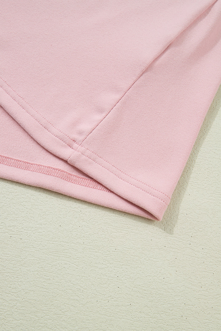 Light Pink Solid Color Bow Textured Patchwork Long Sleeve Tee