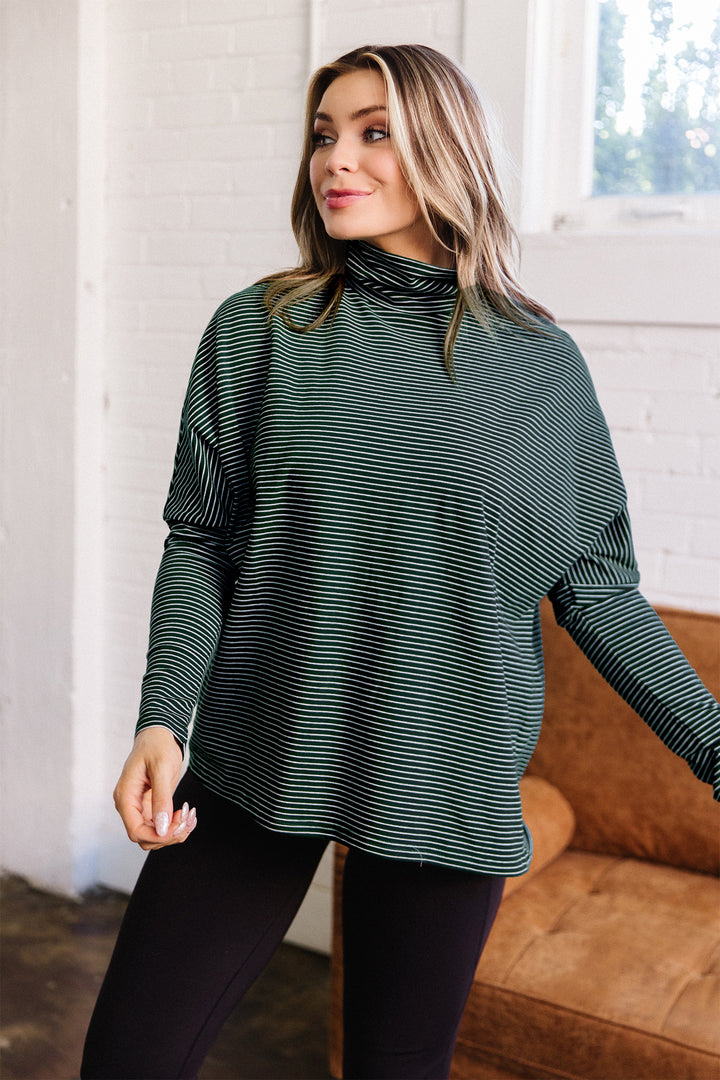 Green Stripe High Neck Dropped Shoulder Long Sleeve Casual Top