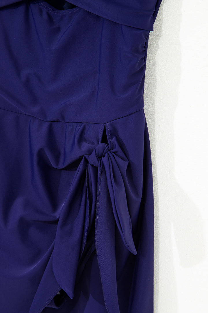 Navy Blue Adjustable Straps Cutout Ruched Knot Slit One Piece Swim Dress