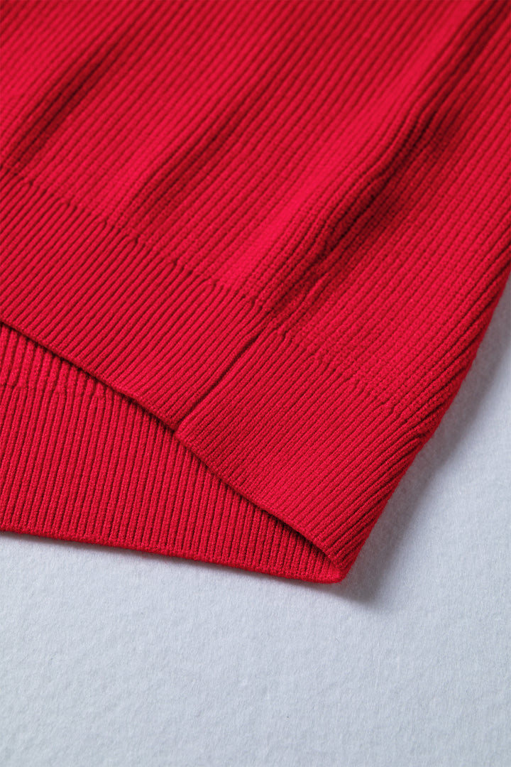 Fiery Red Bow Embroidered Graphic Ribbed Sweater Top