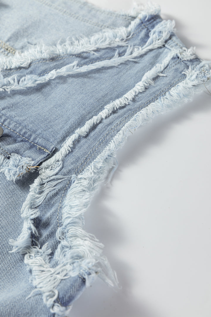 Beau Blue Frayed Edge Flap Pockets Denim Vest Jacket