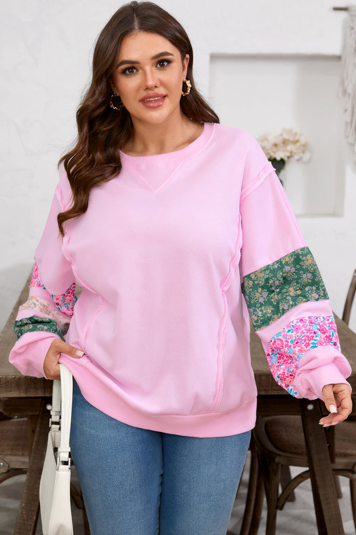 Pink Plus Size Mix Floral Patched Sleeve Ribbed Trim Baggy Sweatshirt
