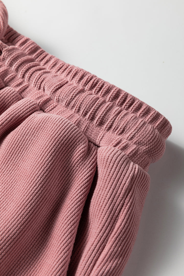 Fushia Solid Color Textured Knit Drop Shoulder Pullover Drawstring Shorts Set