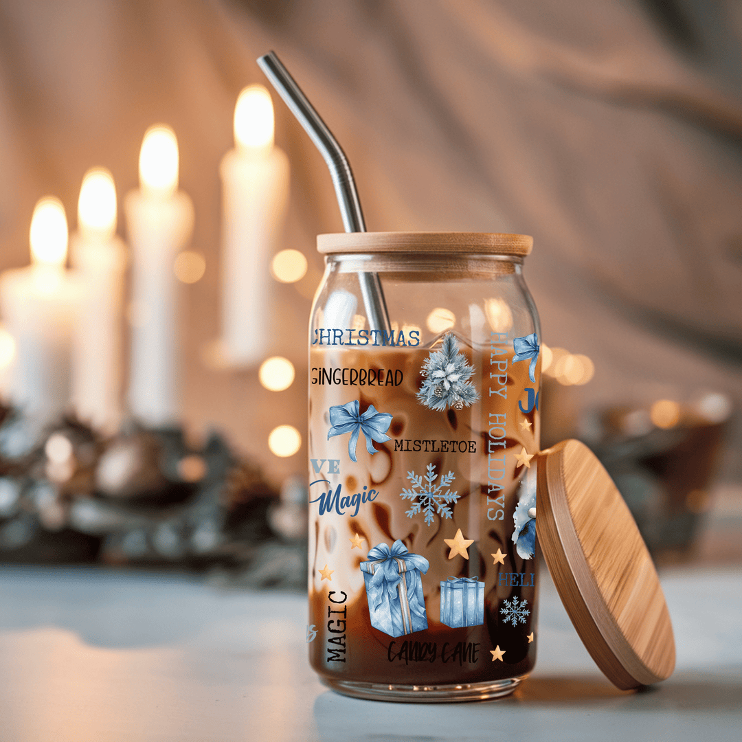 Blue Christmas Glass Cup