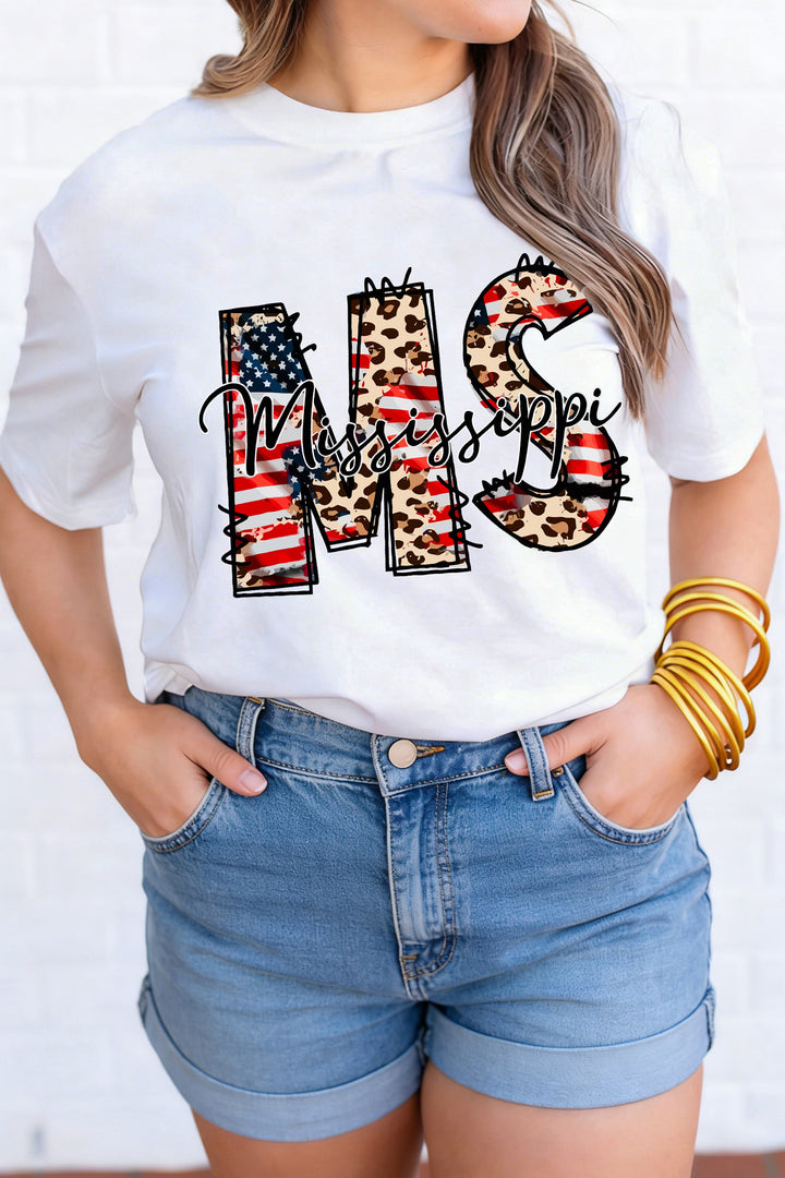 White Mississippi Patriotic MS Printed T Shirt