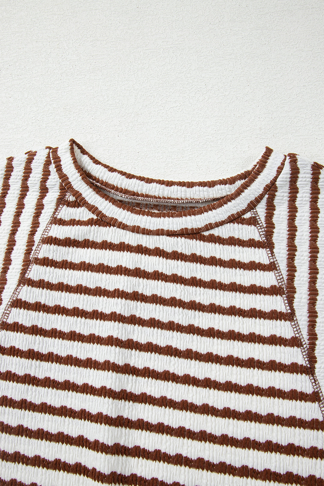 Brown Stripe Textured Knit Split Hem Half Sleeve Loose Top