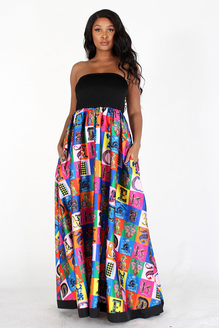 Black & Multicolor Multiprint Tube Maxi  Dress