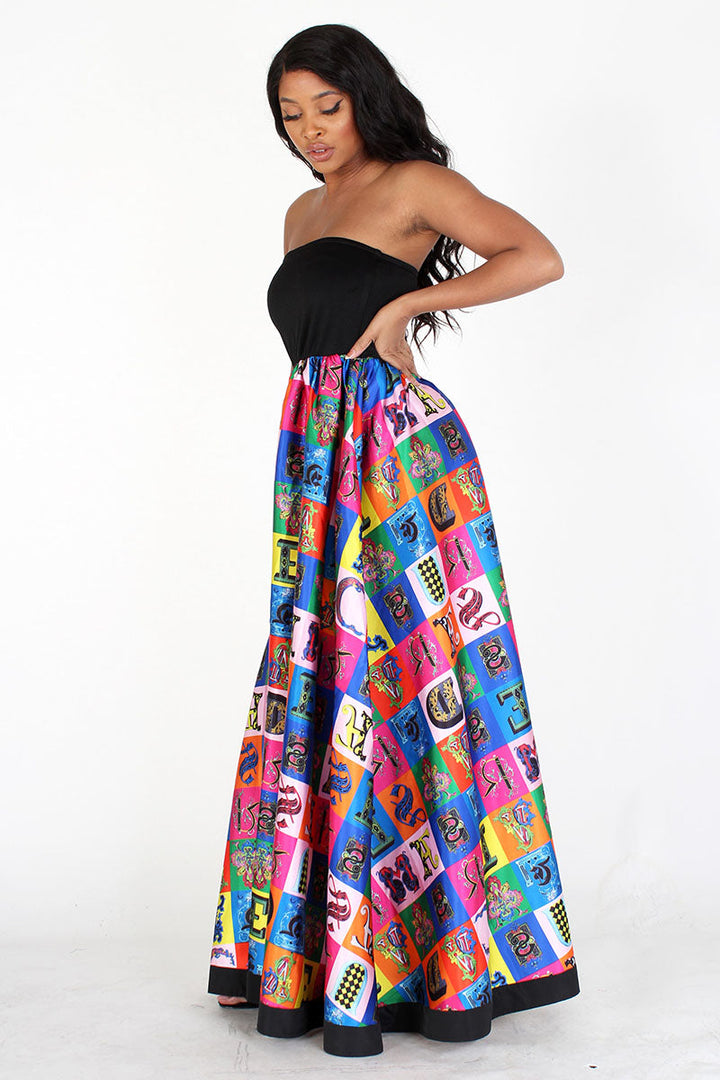 Black & Multicolor Multiprint Tube Maxi  Dress