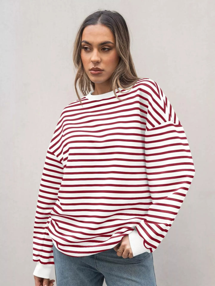 Striped Round Neck Oversized Casual Sweatshirt