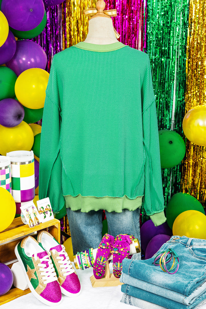 Bright Green Twisted Ribbed mardi gras Sequin Graphic Exposed Seam Patchwork Pullover Top