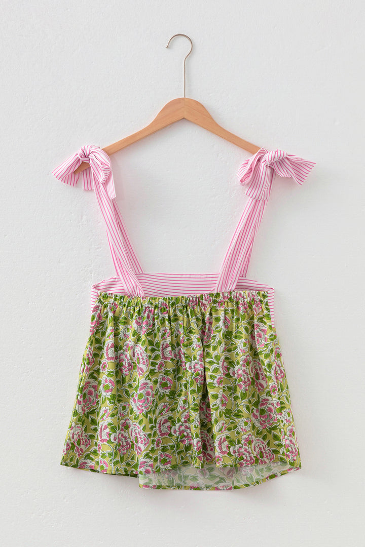 Green Fashion Printed Knot Straps Babydoll Tank Top