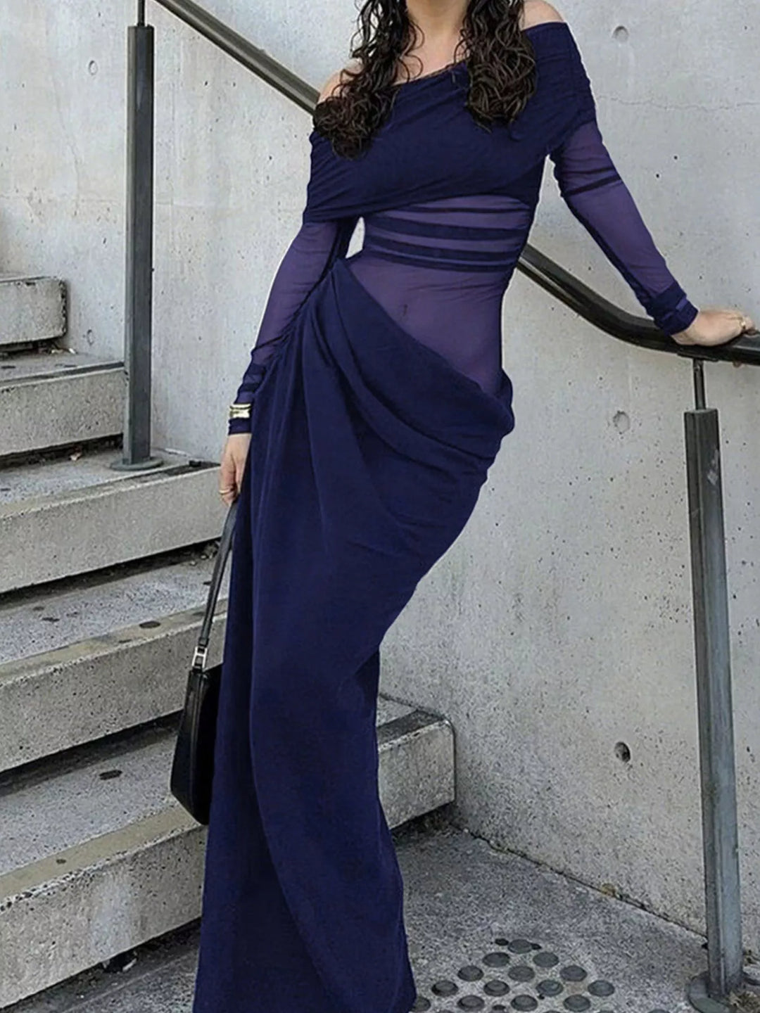 Off-Shoulder Long Sleeve Ruched Bodycon Maxi Dress