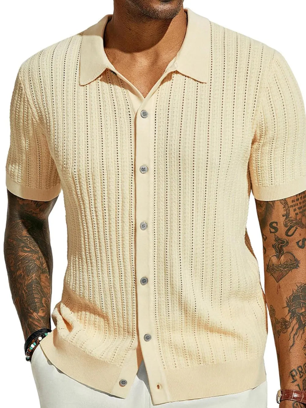 Men's Full Size Openwork Button Down Collared Neck Shirt Plus Size