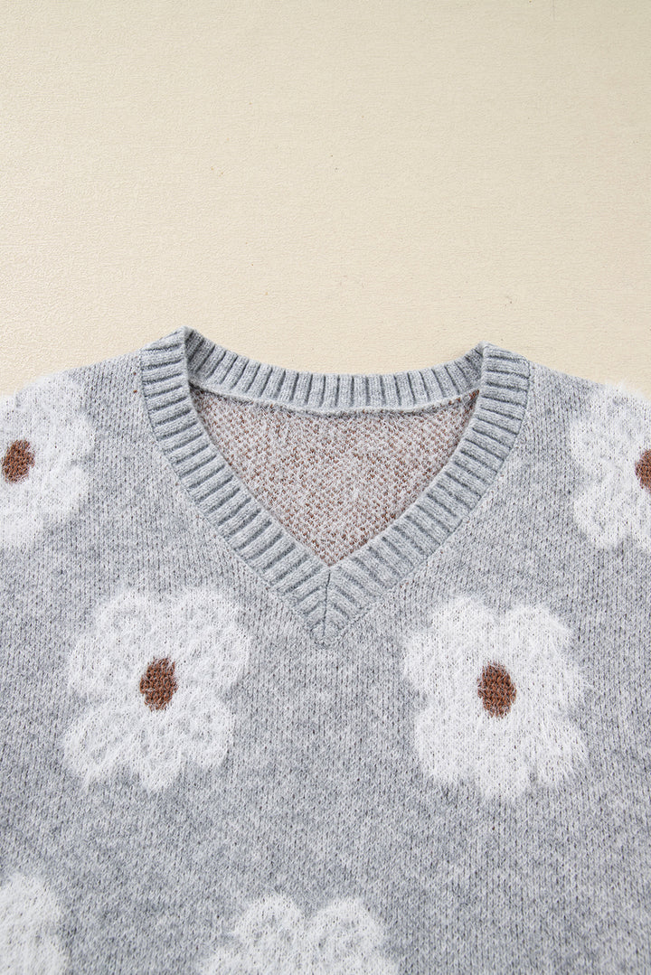Gray Cute Flower Print V Neck Drop Shoulder Baggy Sweater