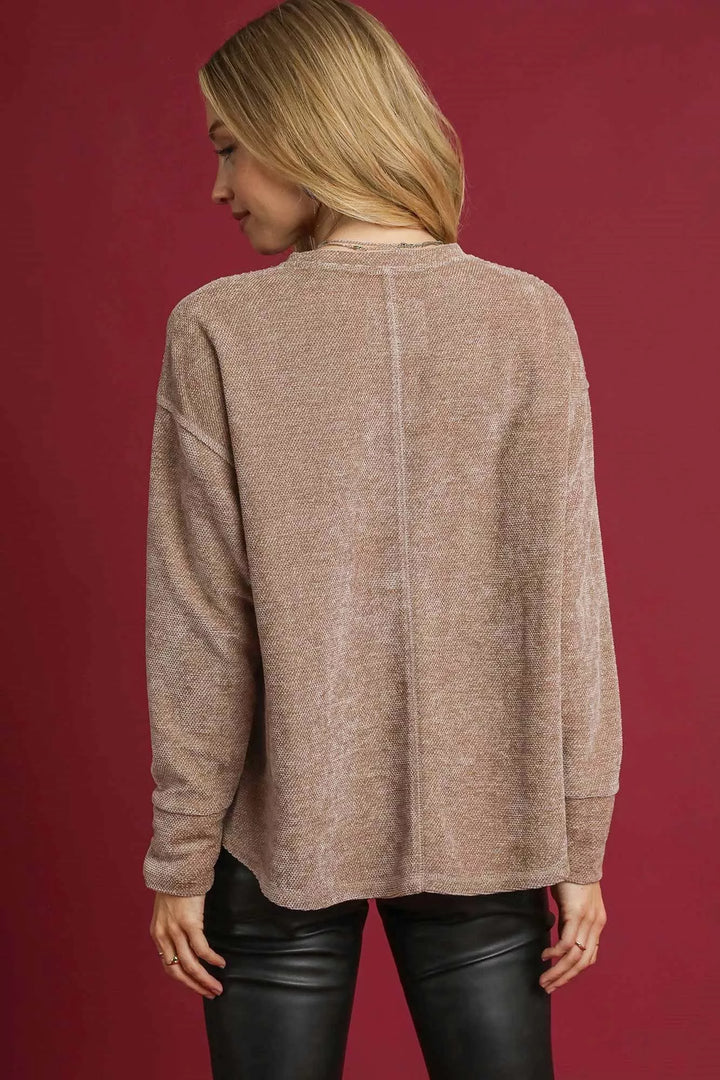 Umgee Round Neck Long Sleeve Side Slit Top