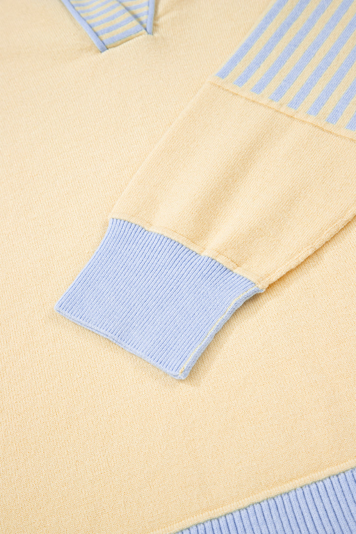 Sky Blue Stripe Contrasting Polo Collar Color Block Knit Drop Shoulder Sweater