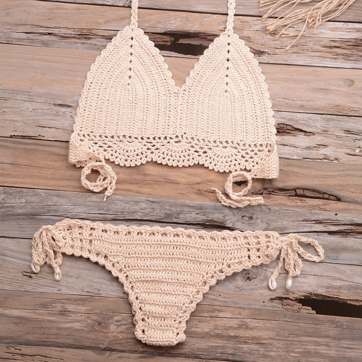 Beach Hollow-out Handmade Woven Split Strap Tank-Top Matching Shell Bikini Briefs
