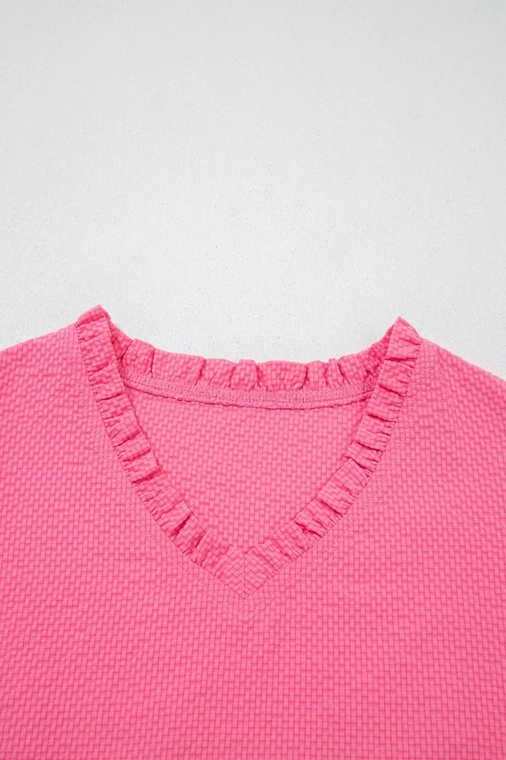 Frilled V Neck Flower Embroidered Puff Sleeve Textured Blouse