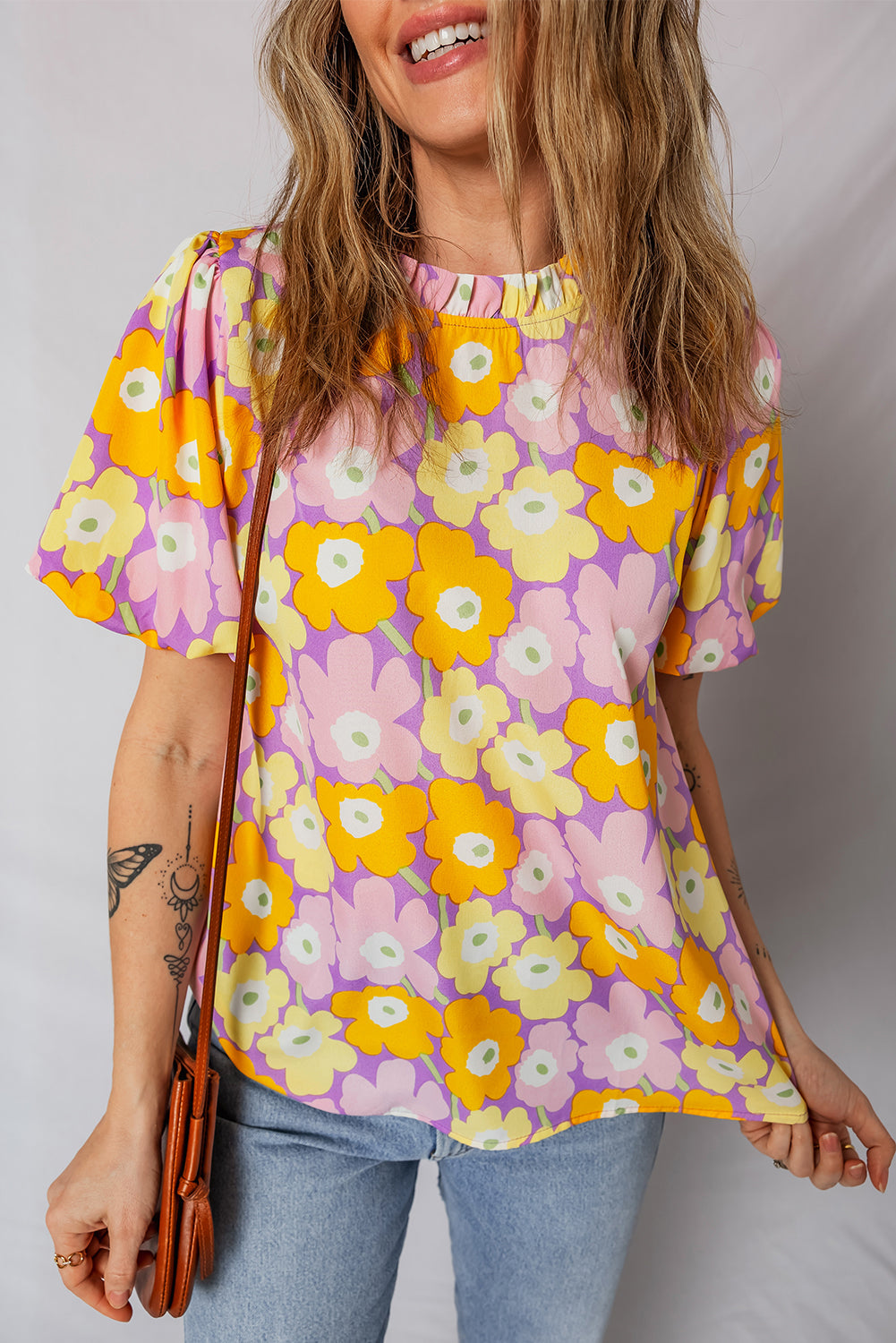 Purple Frilled Neck Puff Short Sleeve Flower Top