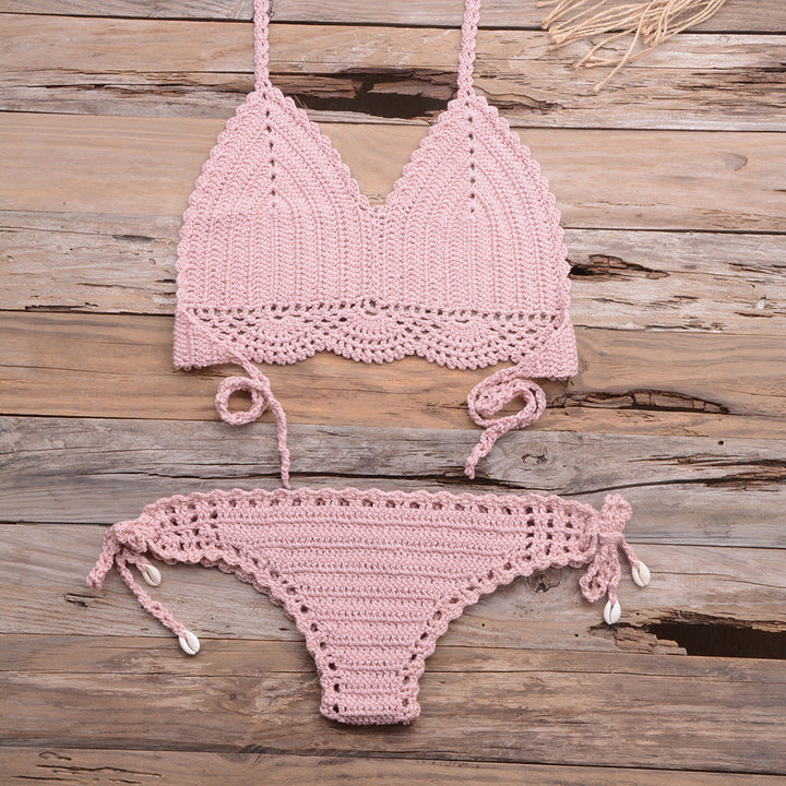 Beach Hollow-out Handmade Woven Split Strap Tank-Top Matching Shell Bikini Briefs