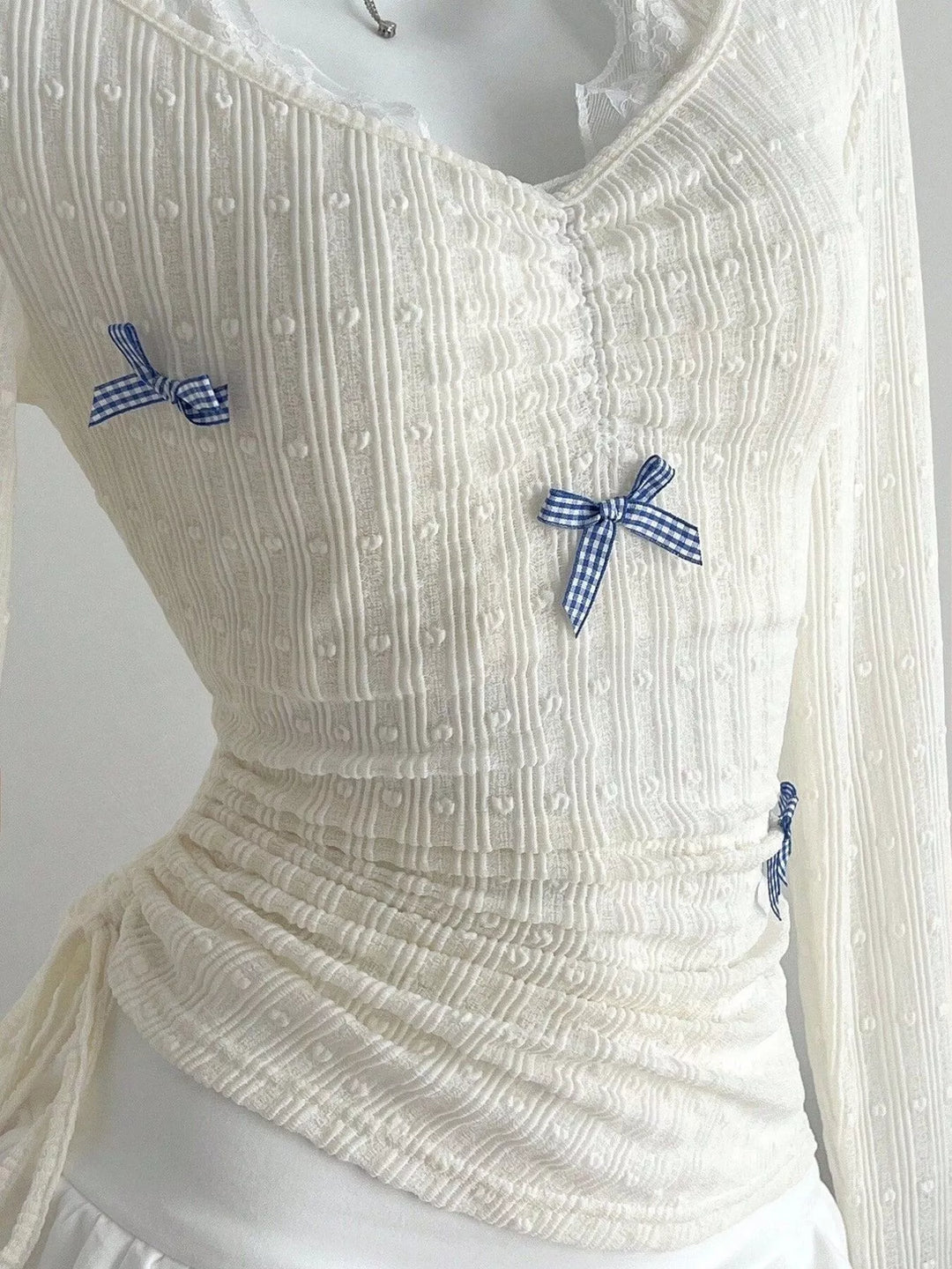 Bow Lace Detail V-Neck T-Shirt