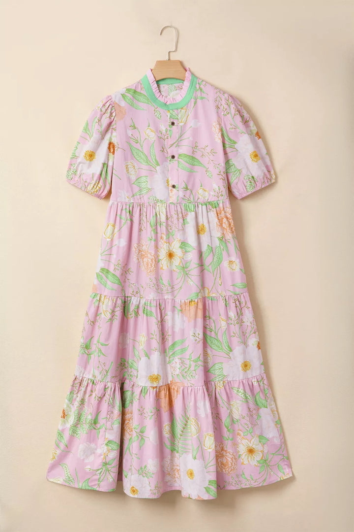 Floral Print Short Puff Sleeve High Waist Tiered Dress