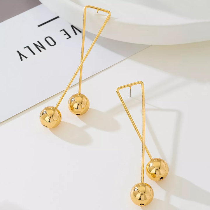 Modern Geometric Triangle Gold Ball Drop Earrings