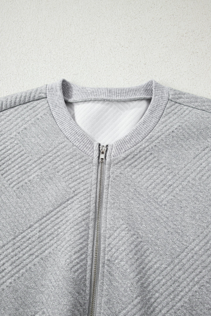 Medium Grey Trendy Textured Half Zip Loose Sweatshirt